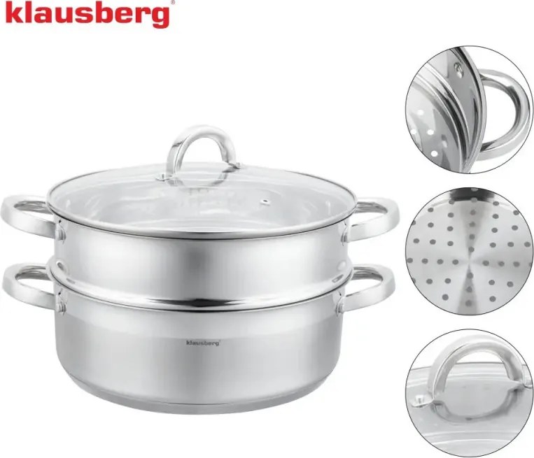 Oala pentru gatit la abur Klausberg KB 9072, 3,5 l, 24 cm, 3 piese, Simultan pe 2 niveluri, Scala de masurare, Fund cu 5 straturi, Inductie, Otel inoxidabil