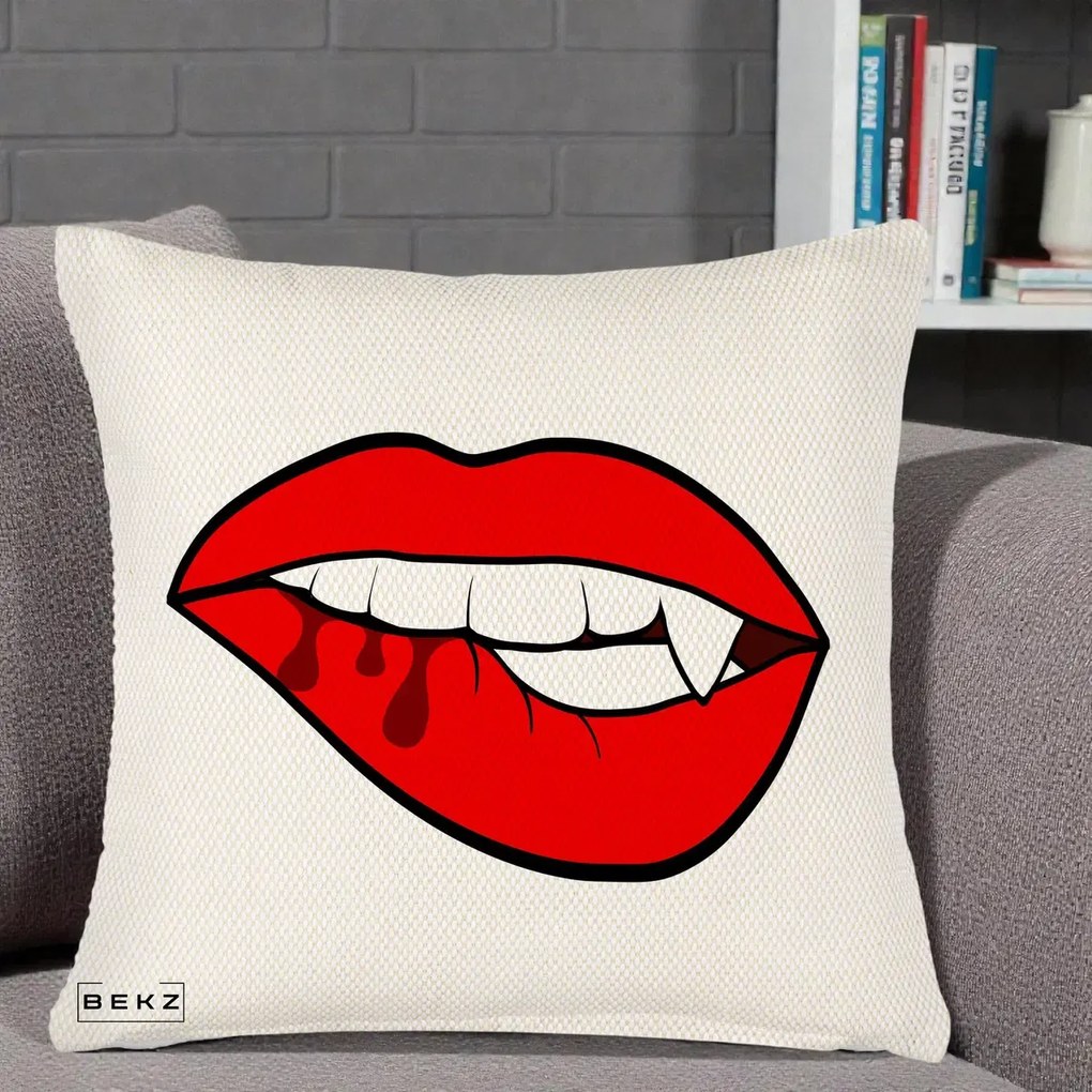 Perna Decorativa Vampire Lips Halloween, 40x40 cm, Crem Reliefat, Husa Detasabila, Perna Inclusa, BEKZ®
