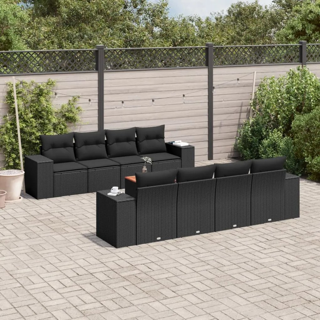 vidaXL Set mobilier de grădină cu perne, 9 piese, negru, poliratan