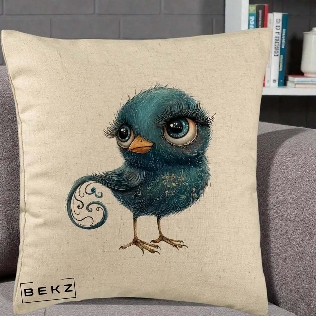 Perna Decorativa Pasare Teal cu Motive Aurii si Coada Spiralata, 40x40 cm, Bej, Husa Detasabila, Perna Inclusa, BEKZ®