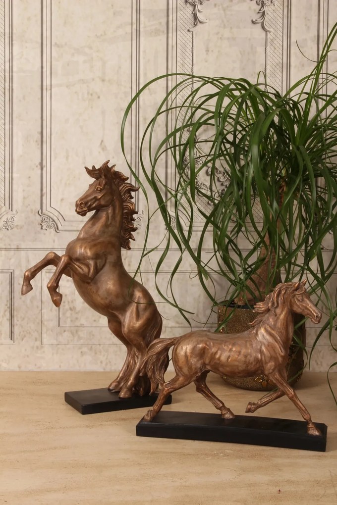 Statuetă decorativă din polirășină, bronz, cal ridicat pe picioarele din spate, pe soclu negru, finisaj antichizat, 43,5 x 23,5 x 10 cm, „Eclipse”