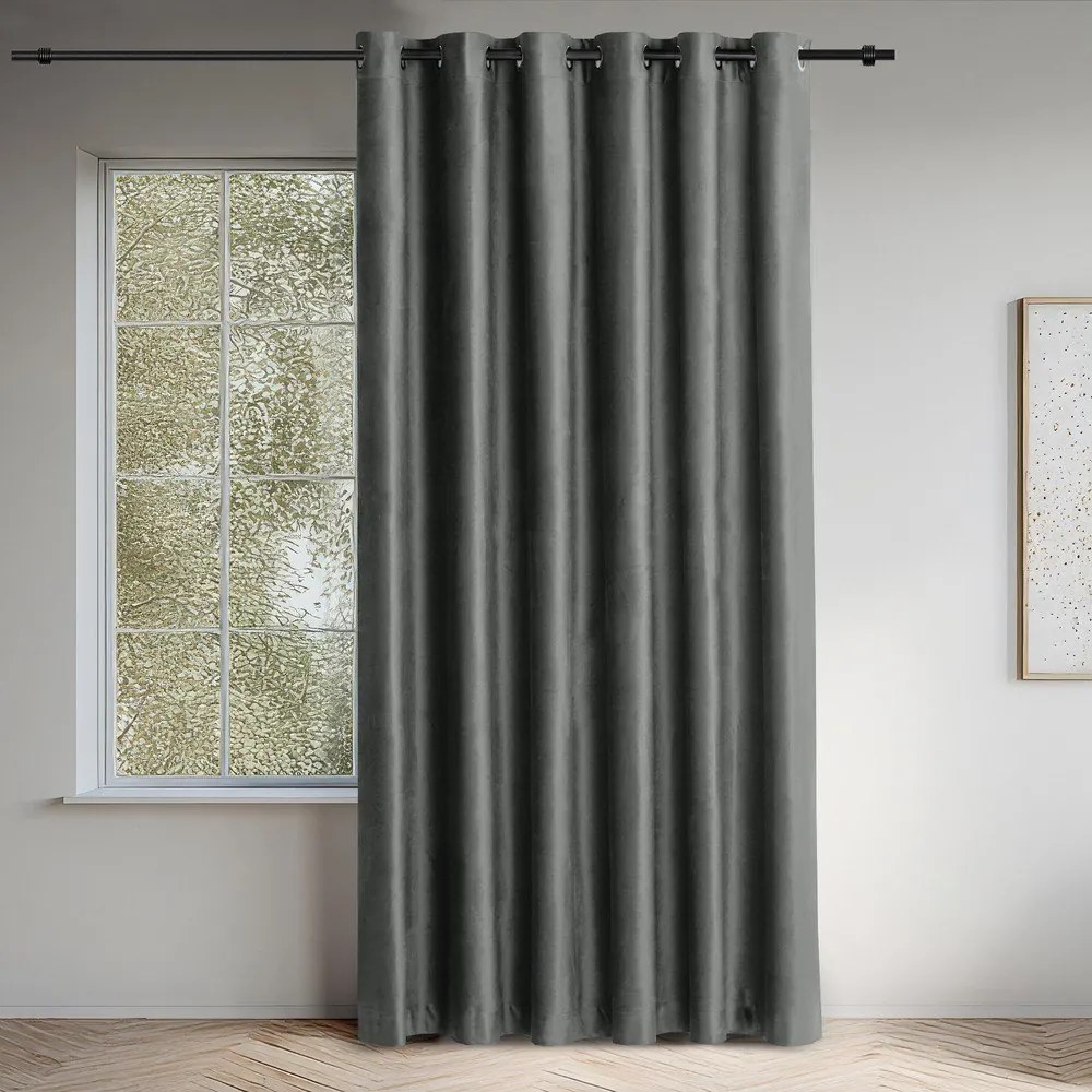 Draperie gri închis dimout (semi-opacă) din catifea 530x270 cm Velto – Filumi