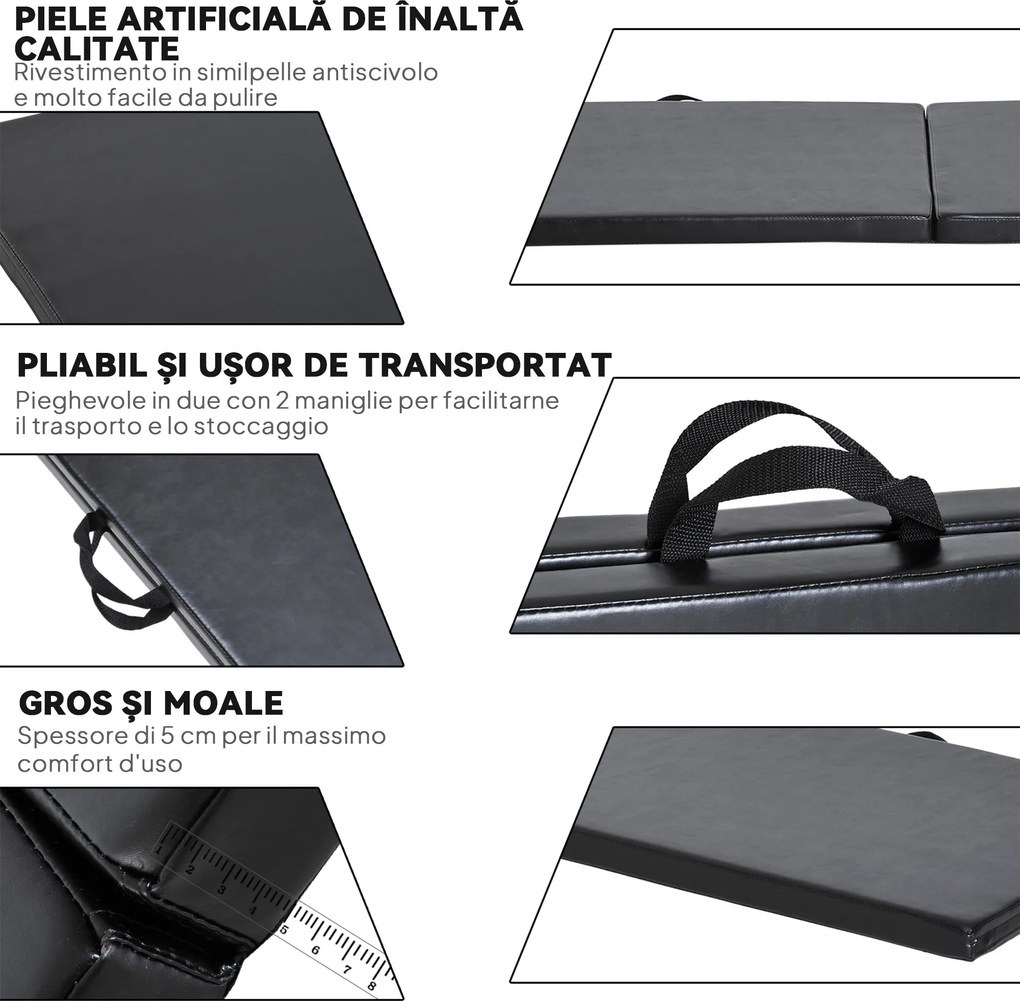 HOMCOM Tapet de Gimnastică Pliabil, Tapet Fitness Gros de 5 cm și Antialunecare, 180x60x5 cm, Negru | Aosom Romania