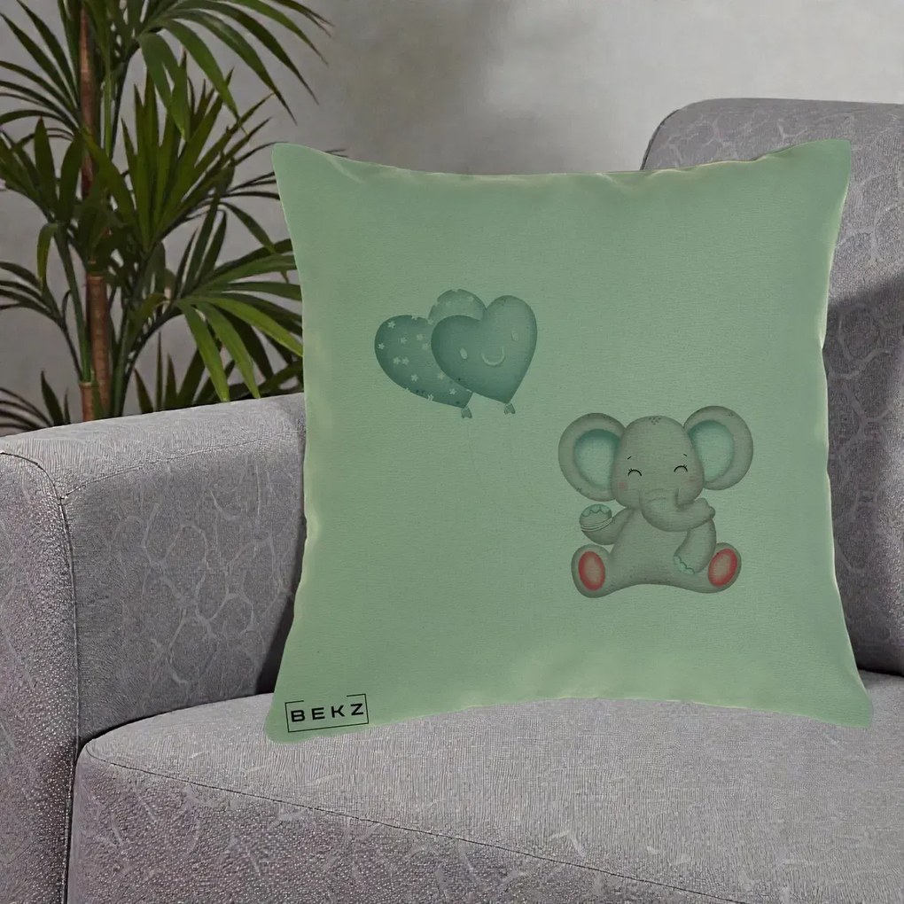 Perna Decorativa, Model Elefant si baloane in forma de inimioare, 40x40 cm, Verde, Husa Detasabila, Perna Inclusa, BEKZ®