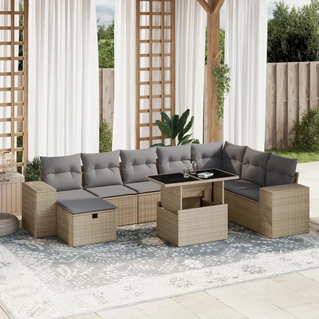 vidaXL Set canapele de grădină, 9 piese, cu perne, bej, poliratan