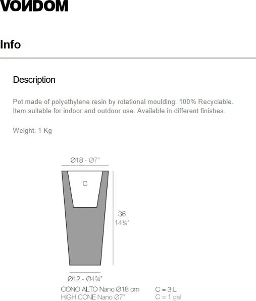Ghiveci plante design decorativ modern interior / exterior HIGH CONE mini 18x36cm