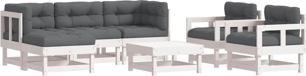vidaXL Set mobilier de grădină cu perne, 7 piese, alb, lemn masiv