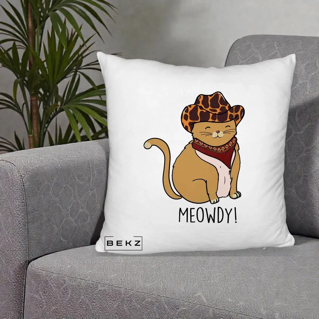 Perna Decorativa Pisica Cowboy Meowdy, 40x40 cm, Alb Pufos, Husa Detasabila, Perna Inclusa, BEKZ®