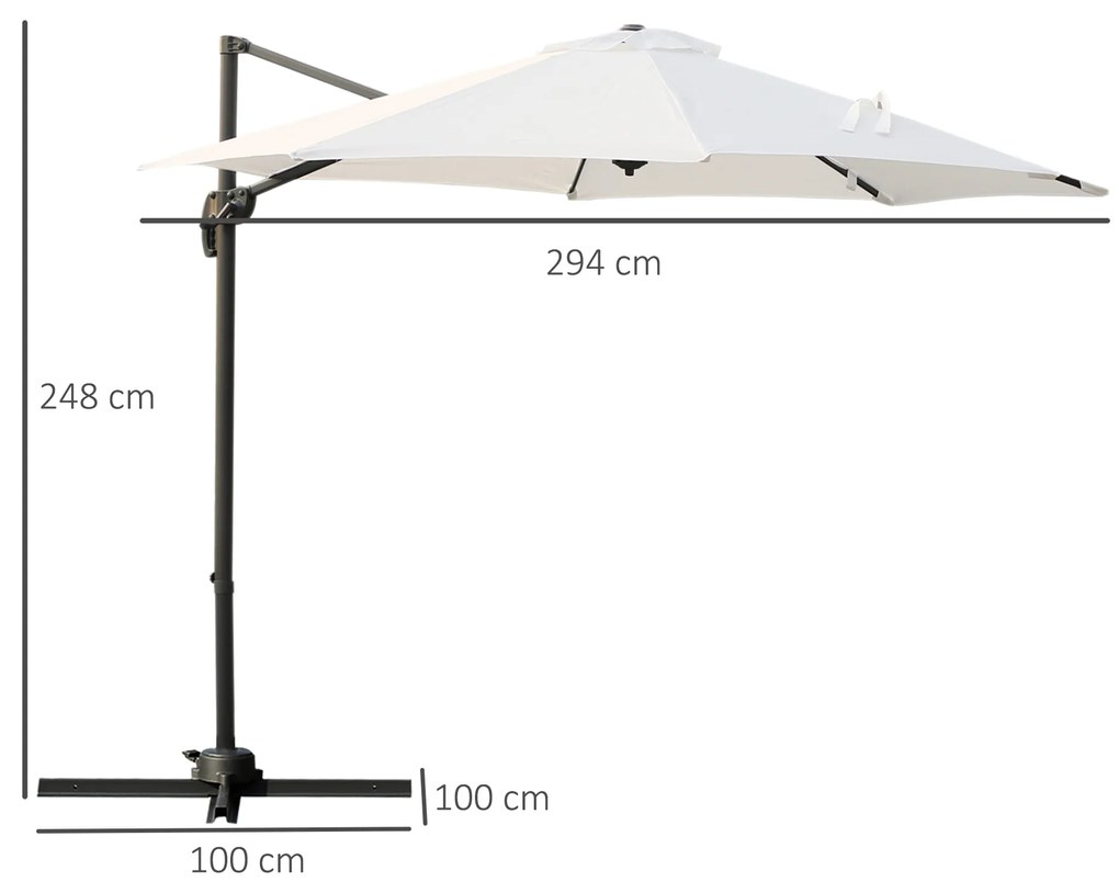 Outsunny Umbrela de Gradina Descentralizata, Unghi Reglabil 360 ° Rotativa in Poliester, Alb Crem, Φ294x248cm
