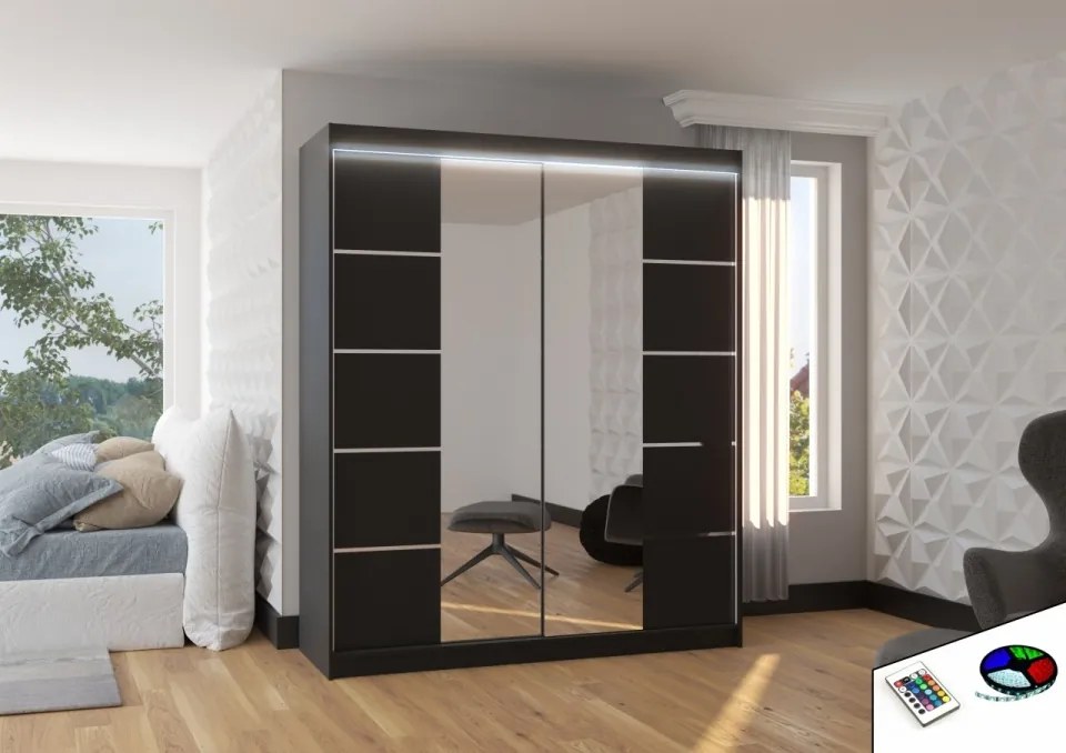 Dulap cu usi glisante si oglinda + iluminare LED, Traves 180 + LED, 180 cmx200 cmx58 cm, ADRK Furniture (Culoare: Alb / Sonoma)