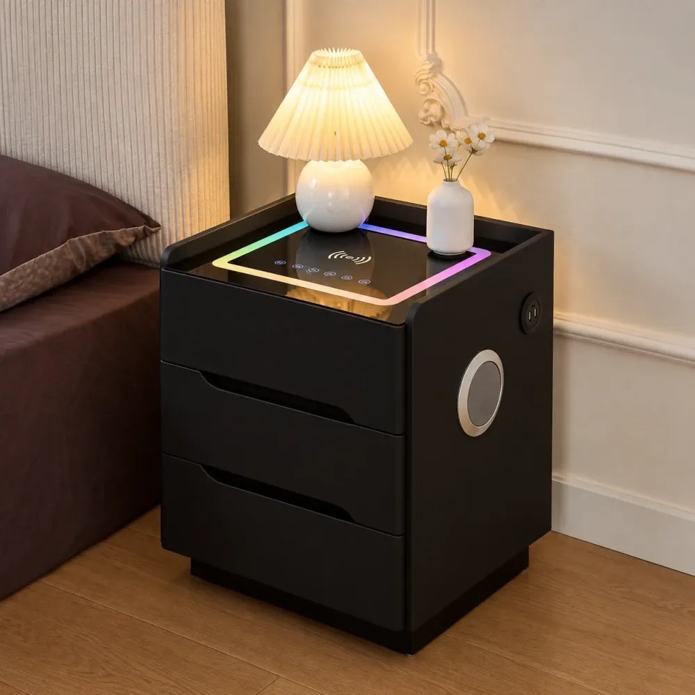 ALVÉA — Noptieră inteligentă cu încărcare Wireless, Bluetooth Stereo, iluminare RGB, USB + Type-C, Negru