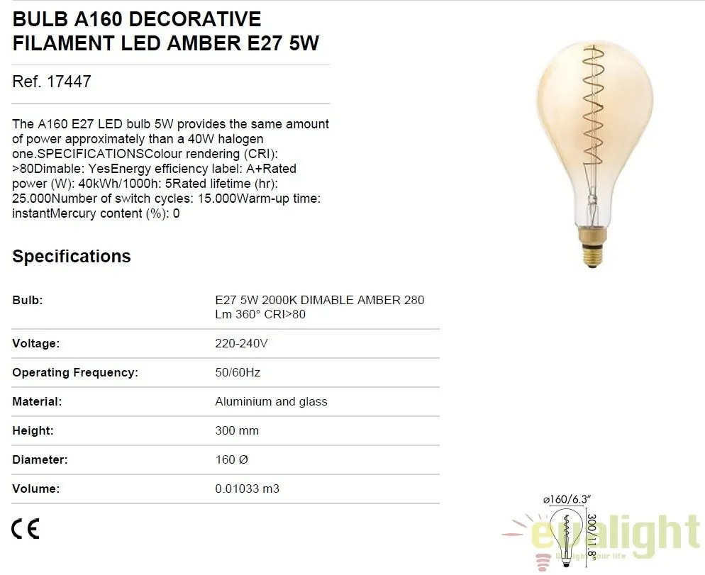 BEC filament LED dimabil decorativ 5W E27 A160 2000K lumina calda AMBER 17447