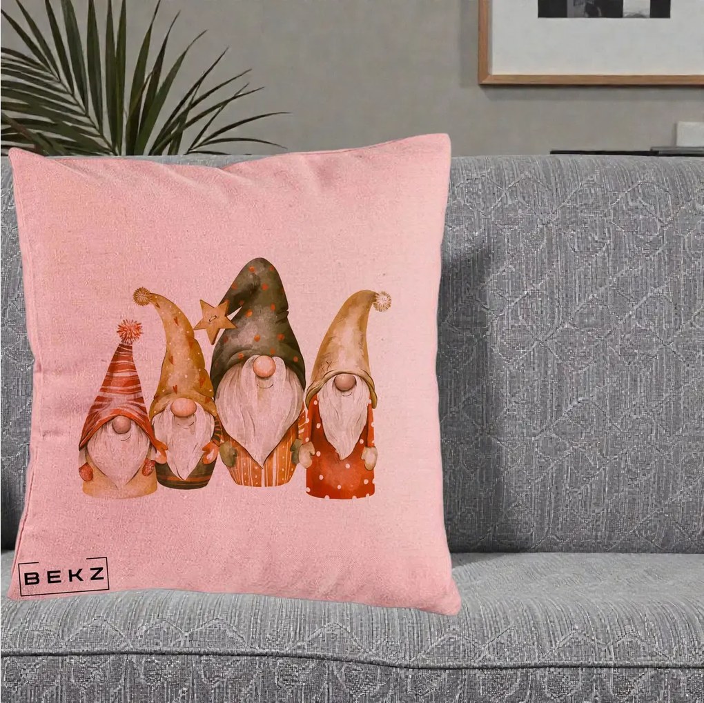 Perna Decorativa Gnomi de Craciun Patru, 40x40 cm, Roz, Husa Detasabila, Perna Inclusa, BEKZ®