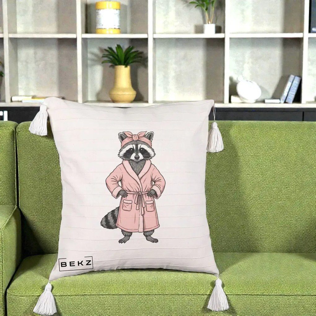 Perna Decorativa Albinuta Kawaii Vesela, 40x40 cm, Bej cu Franjuri, Husa Detasabila, Perna Inclusa, BEKZ®