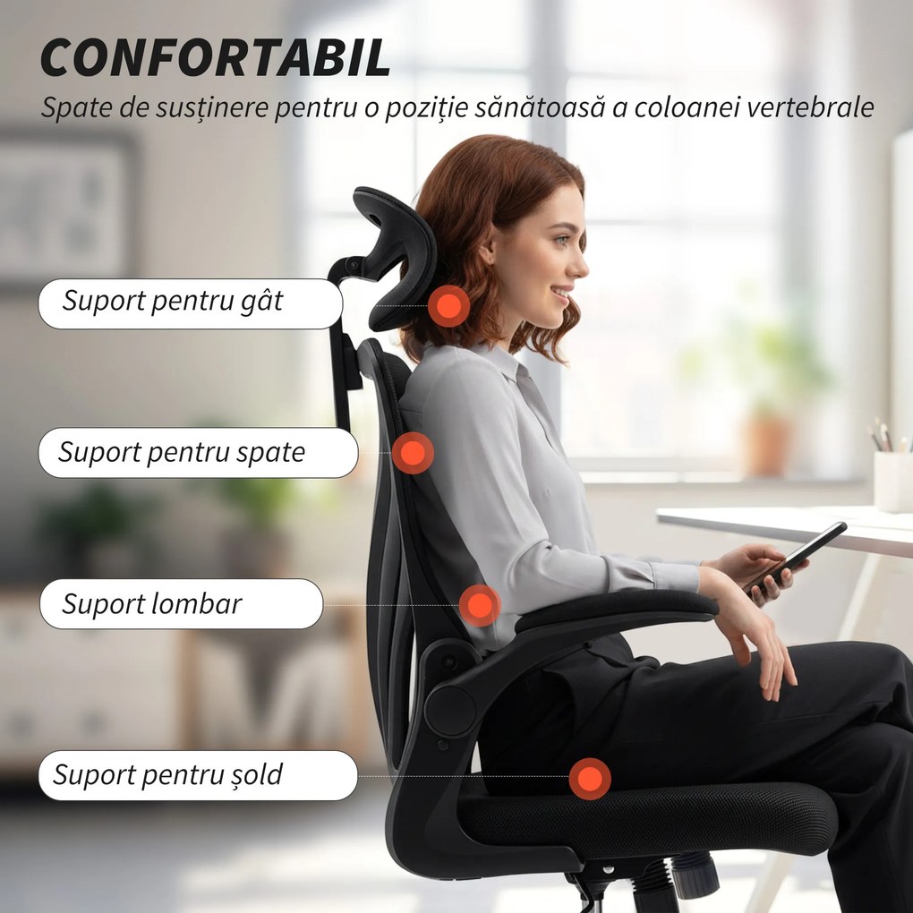 HOMCOM Scaun de Birou Ergonomic cu Brațe Rabatabile și Spătar Pliabil, Scaun de Birou cu Funcție Balansoar, Tetieră Reglabilă, Șezut Rotativ, Negru | Aosom Romania