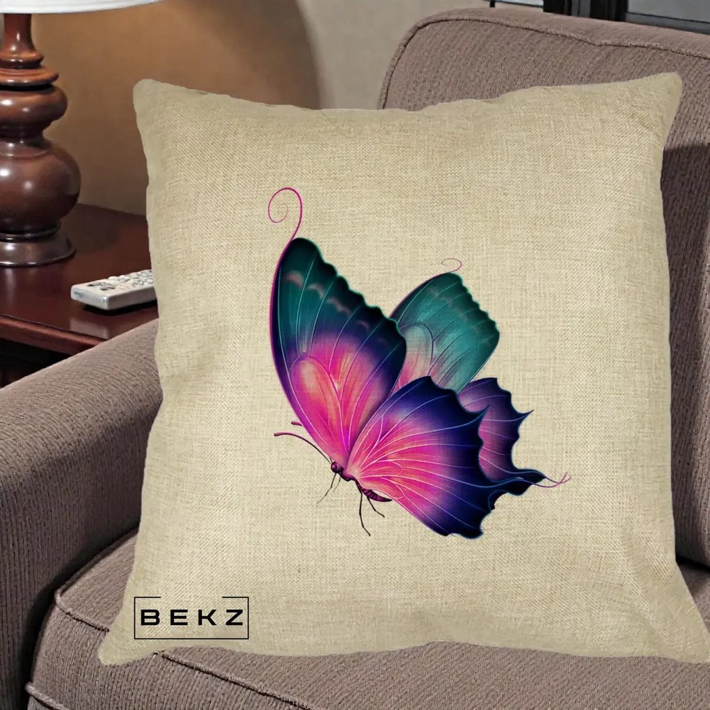 Perna Decorativa Fluture Neon, 40x40 cm, Crem, Husa Detasabila, Perna Inclusa, BEKZ®