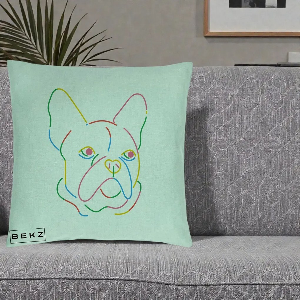 Perna Decorativa Bulldog Francez Line Art Curcubeu, 40x40 cm, Verde Menta, Husa Detasabila, Perna Inclusa, BEKZ®