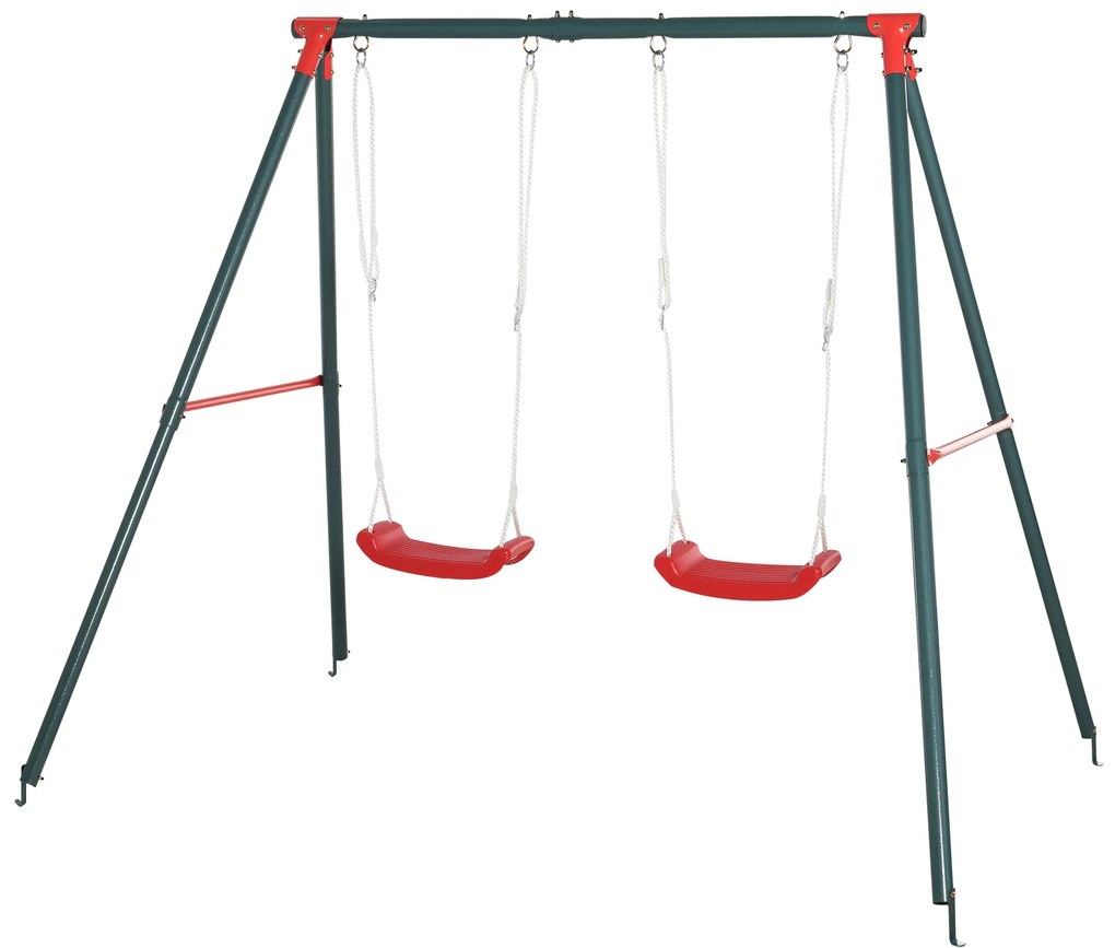 Outsunny Leagan Dublu pentru Copii +3 Ani cu Suport de Metal Joc Leagan Infantil Corzi Reglabile Exterior Greutate Max. 40kg 239x156x180 cm Verde Rosu | Aosom Romania