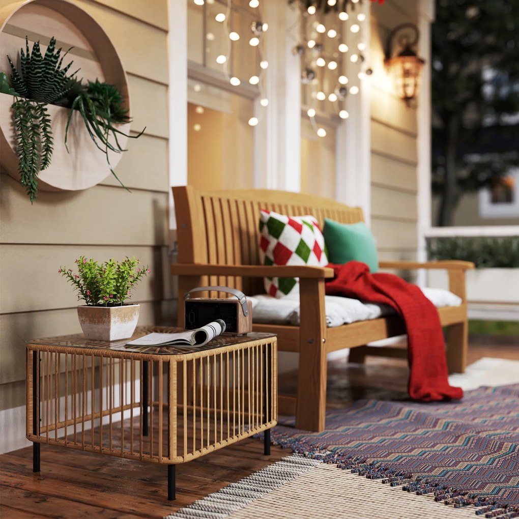 Outsunny Masă de grădină din Polyrattan, 65 x 65 x 43 cm, masă laterală rezistentă la intemperii, pătrată, cu blat din sticlă, lemn natural | Aosom Romania