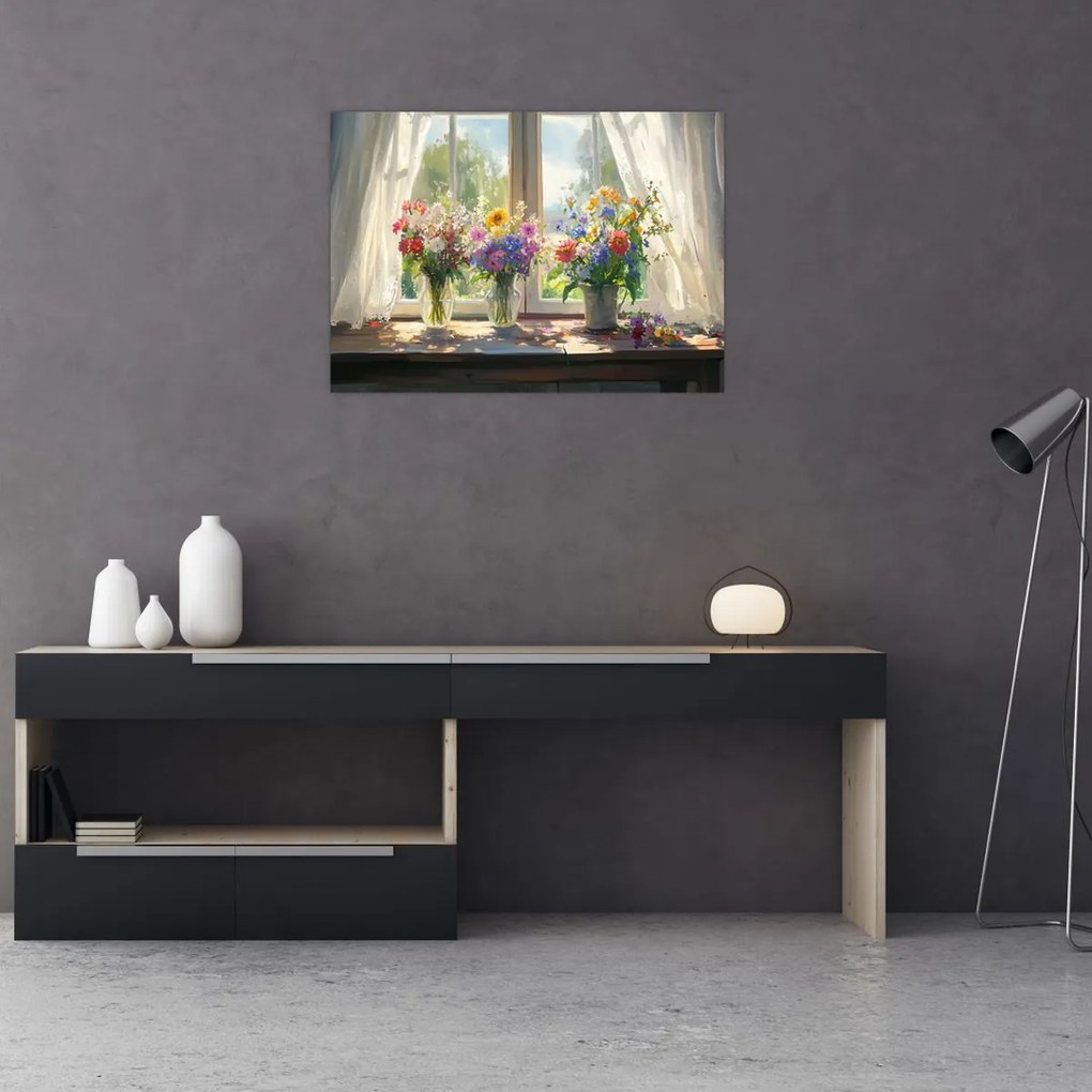 Tablou pe sticlă - Buchet la fereastră (70x50 cm)