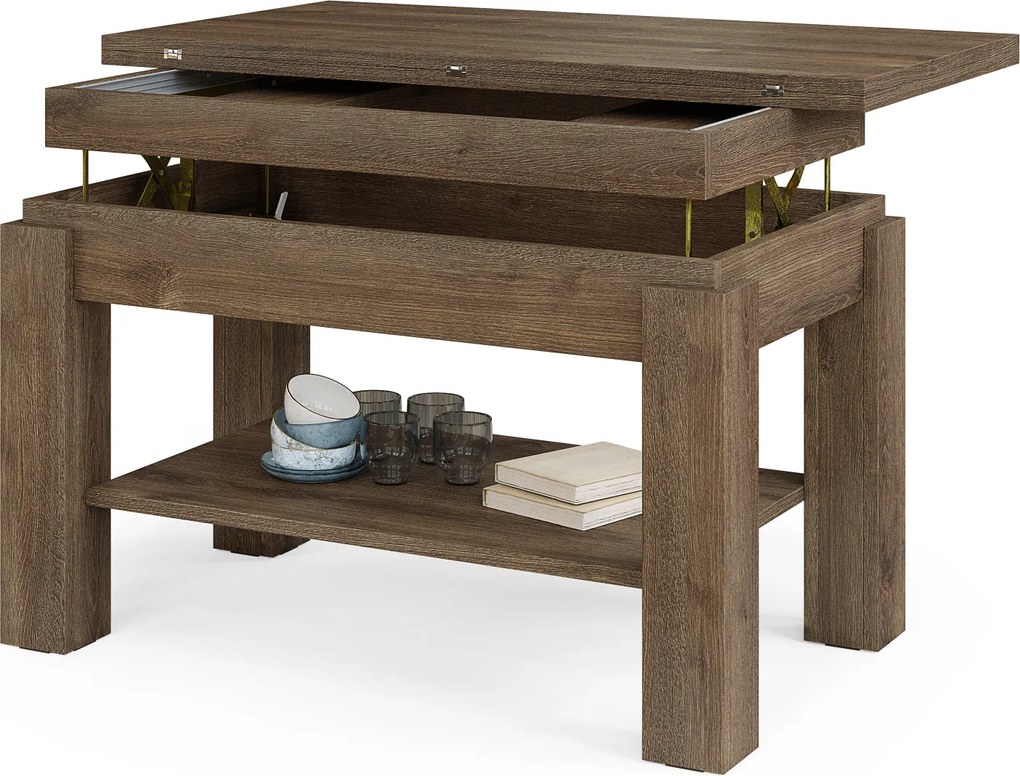 Mazzoni BRAWO Stejar Maro - MĂSUȚĂ DE CAFEA CU BLAT EXTENSIBIL ȘI RIDICABIL MASĂ CU RAFT