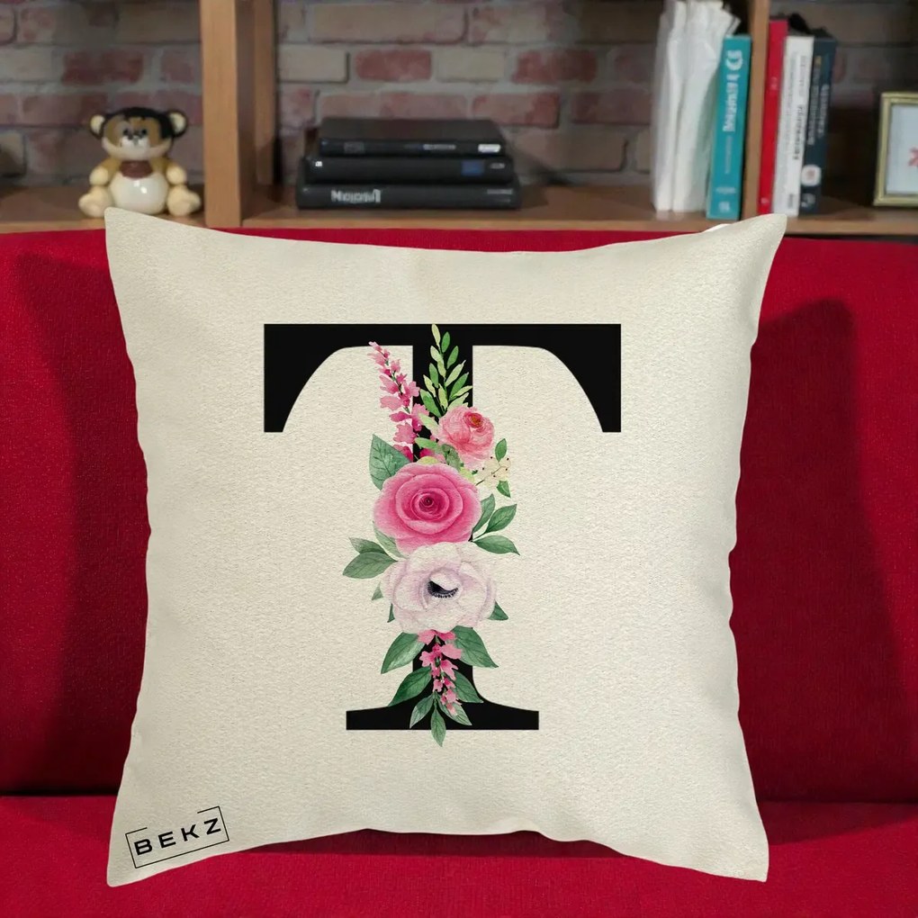 Cadou Personalizat - Perna Personalizata Monograma Florala Litera T, 40x40 cm, Ecru, Husa Detasabila, Perna Inclusa, BEKZ®
