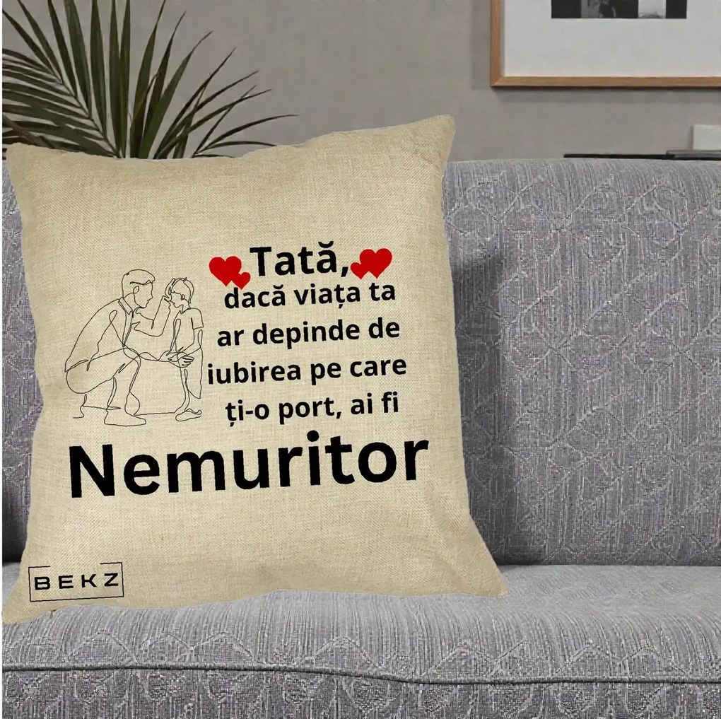 Cadou pentru Tata - Perna Personalizata Tata Nemuritor Baietel, 40x40 cm, Crem, Husa Detasabila, Perna Inclusa, BEKZ®