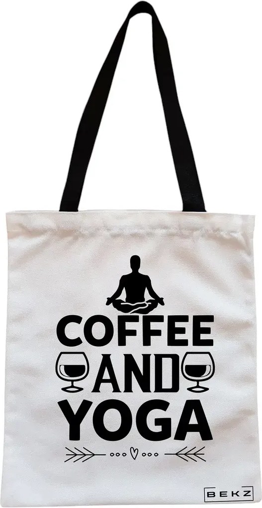 Sacosa de Panza pentru Cumparaturi, Geanta Tote, Yoga Coffee and Yoga, Cu fermoar, 38x34.5 cm, Alba, BEKZ®