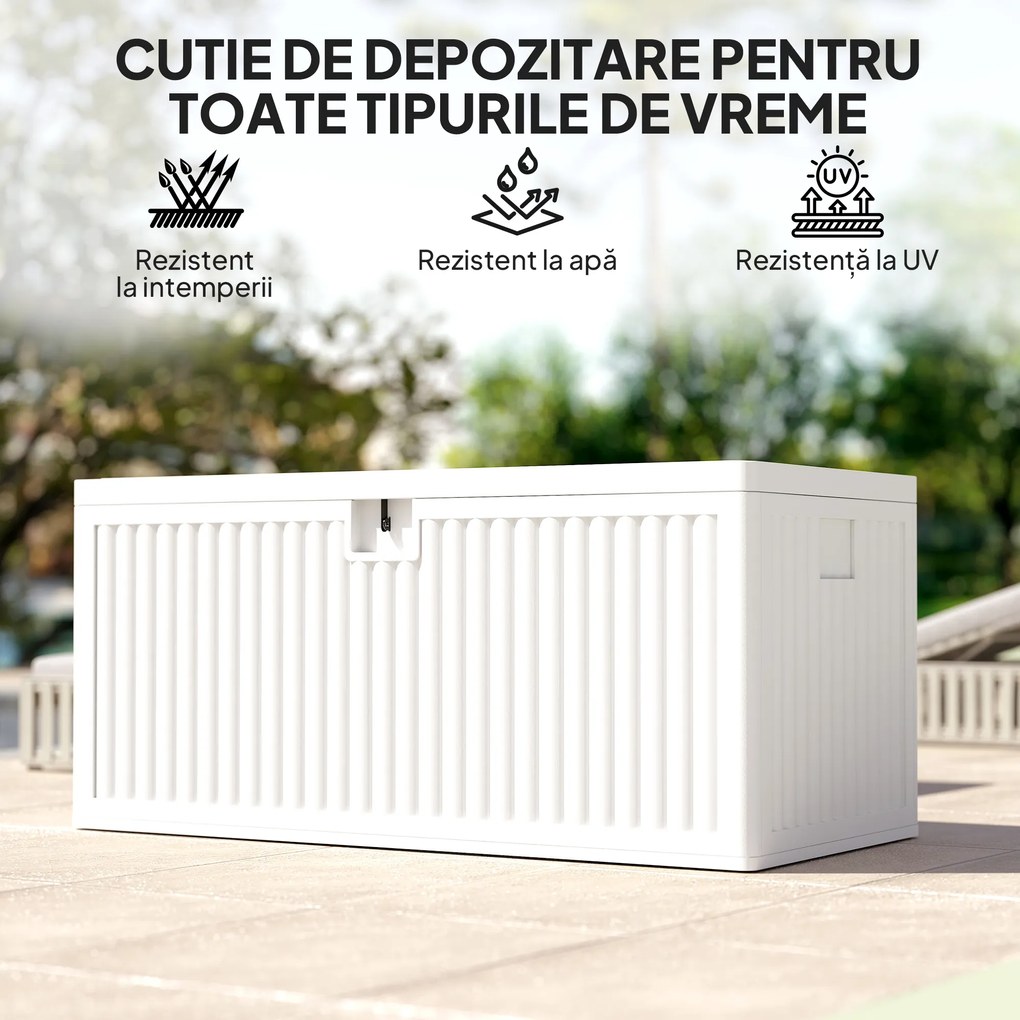 Outsunny Cufăr de Exterior de 140L Impermeabil cu Design Canelat și 2 Pistoane cu Gaz, 140x68x68 cm, Alb | Aosom Romania