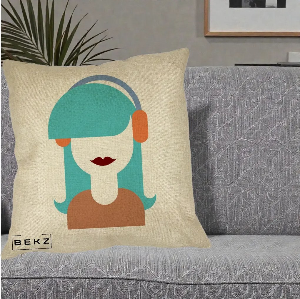 Perna Decorativa Fata cu Casti Muzica Grafic, 40x40 cm, Crem, Husa Detasabila, Perna Inclusa, BEKZ®