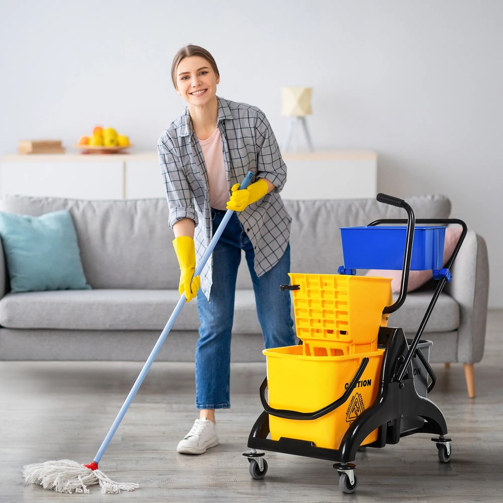 HOMCOM Chariot de curățenie cu exprimare cu găleată laterală de stoarcere 26 L + coș de depozitare 78 x 45 x 95 cm galben | Aosom Romania