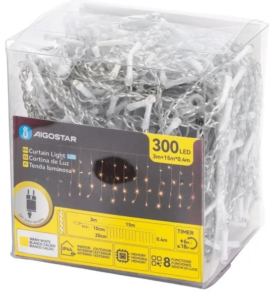 Aigostar - Ghirlandă LED de exterior pentru Crăciun 300xLED/6W/230V/8 funcții 15x0,4m IP44 alb cald