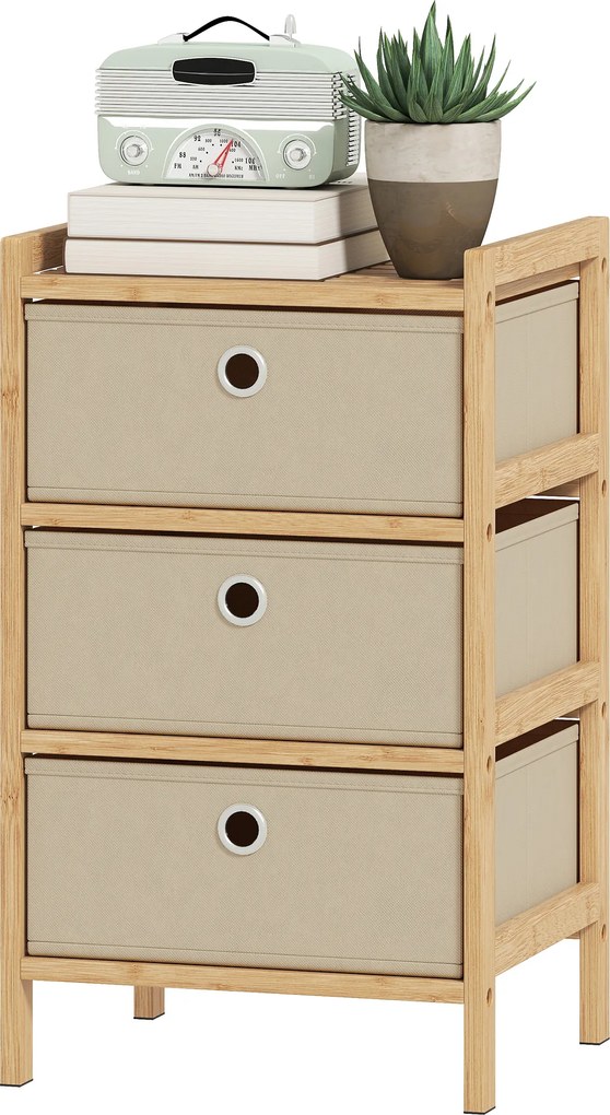 HOMCOM Comodă cu 3 Sertare din Material Textil Structură din Bambus Comodă pentru Spații Mici Crem și Natural | Aosom Romania