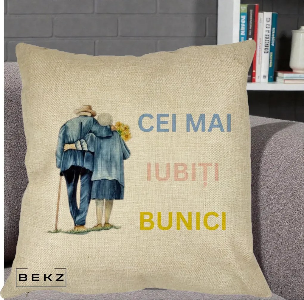 Cadou pentru Bunici - Perna Personalizata Cei Mai Iubiti Bunici Acuarela Spate, 40x40 cm, Crem, Husa Detasabila, Perna Inclusa, BEKZ®