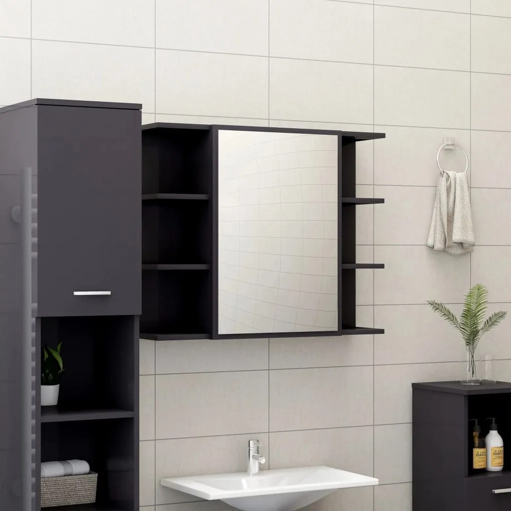802614 vidaXL Dulap de baie cu oglindă, gri extralucios, 80x20,5x64 cm, PAL
