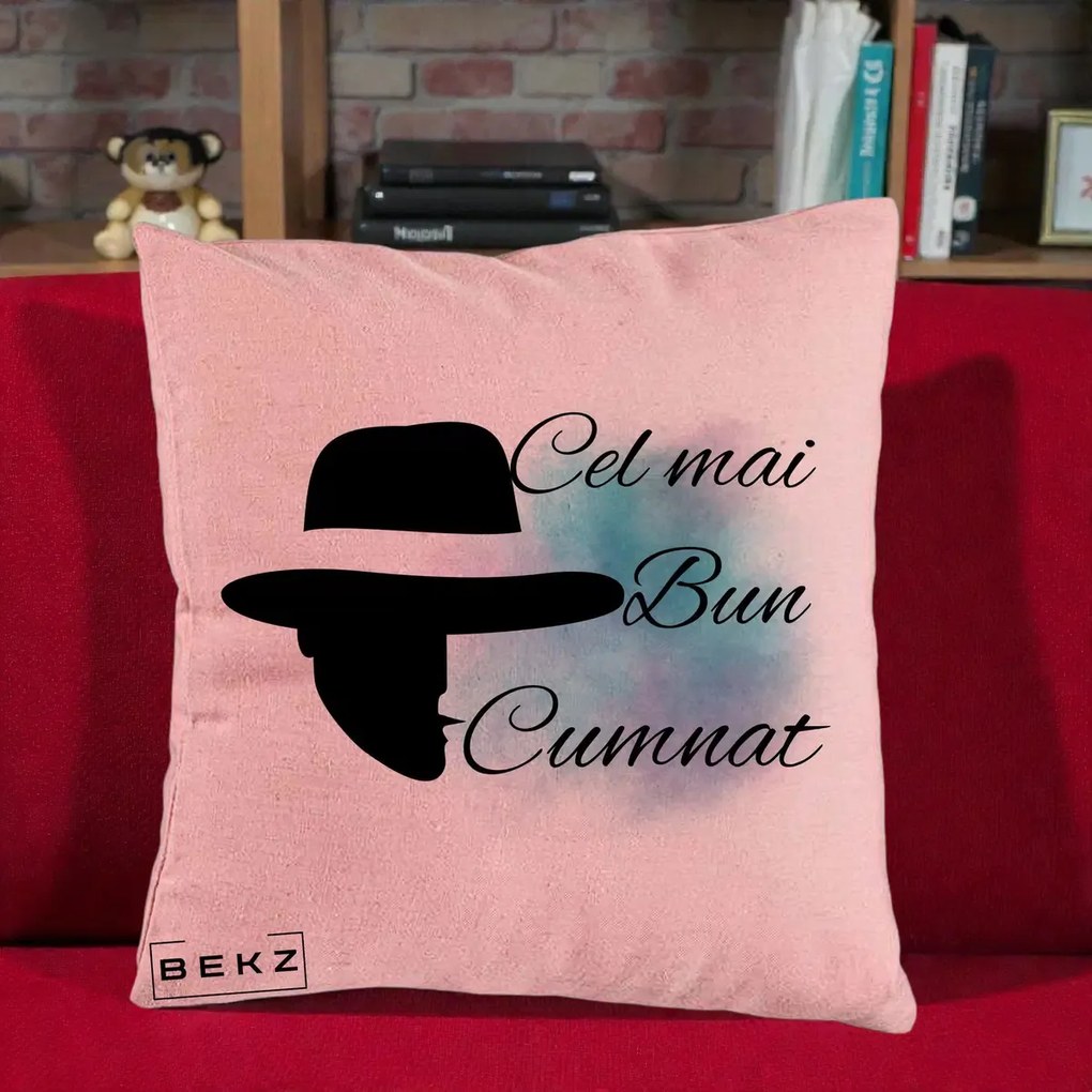 Cadou pentru Cumnat - Perna Personalizata Cel mai Bun Cumnat cu Silueta Palarie si Pete Teal-Roz, 40x40 cm, Roz, Husa Detasabila, Perna Inclusa, BEKZ®