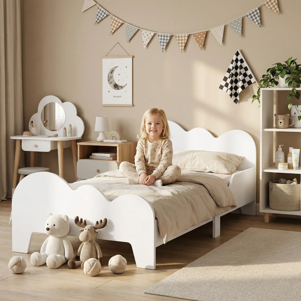 AIYAPLAY Pat Montessori pentru Copii 3-8 Ani, 143,5 x 74,5 cm, cu Bare Laterale Anti-Cădere, Model Norișor din Lemn, Alb | Aosom Romania
