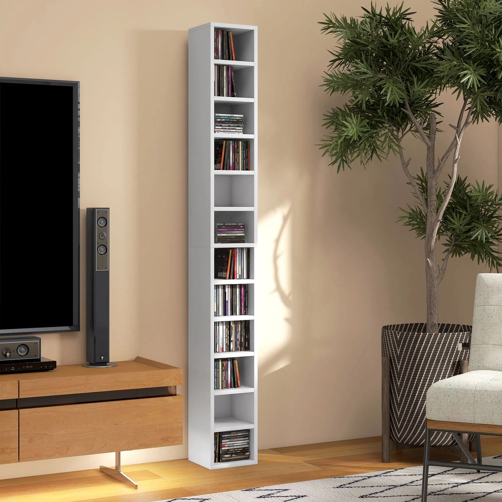 HOMCOM Raft Bibliotecă pentru CD-uri cu 12 rafturi, din MDF și panou aglomerat, 21x20x175 cm, Alb | Aosom Romania