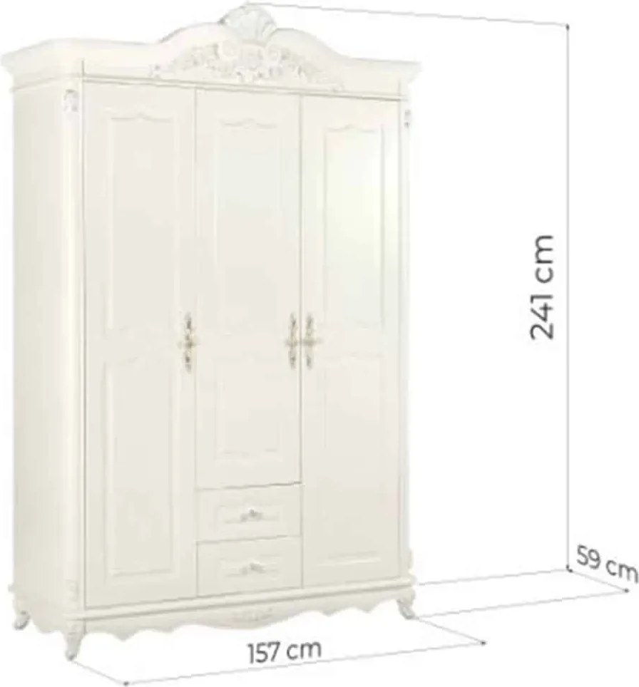 Dulap lemn masiv 3 Uși Paris Ecru, 157 × 59 × 241 cm