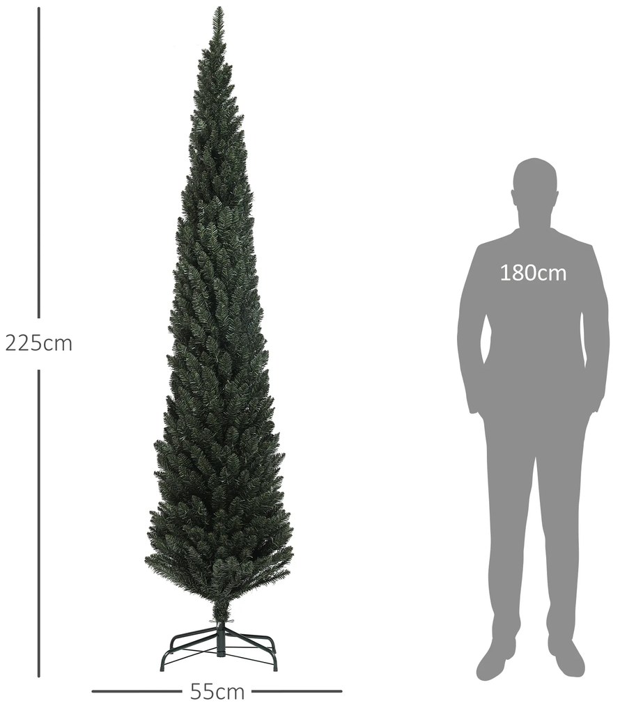 HOMCOM Brad Artificial de Crăciun cu 538 Ramuri, Brad de Crăciun Îngust și Spațios cu Bază de Oțel, Ø55x225 cm, Verde | Aosom Romania