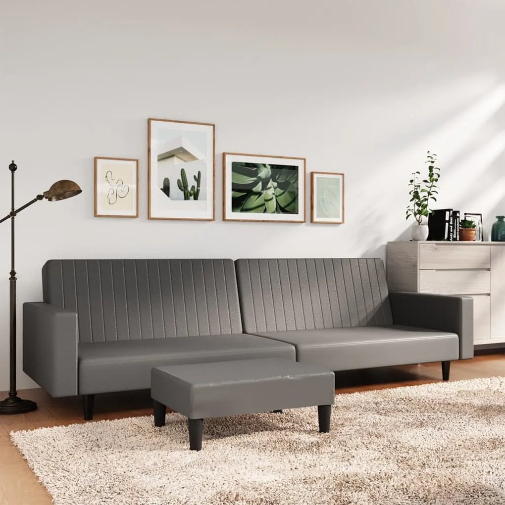 Canapea extensibilă 2 locuri şi taburet, gri, piele ecologică