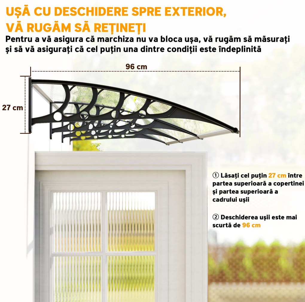 Outsunny Acoperiș din Policarbonat și Aluminiu pentru Balcoane, Ferestre și Uși, Pensilină Exterioară cu Suport din PP, 303x96x27 cm, Transparent