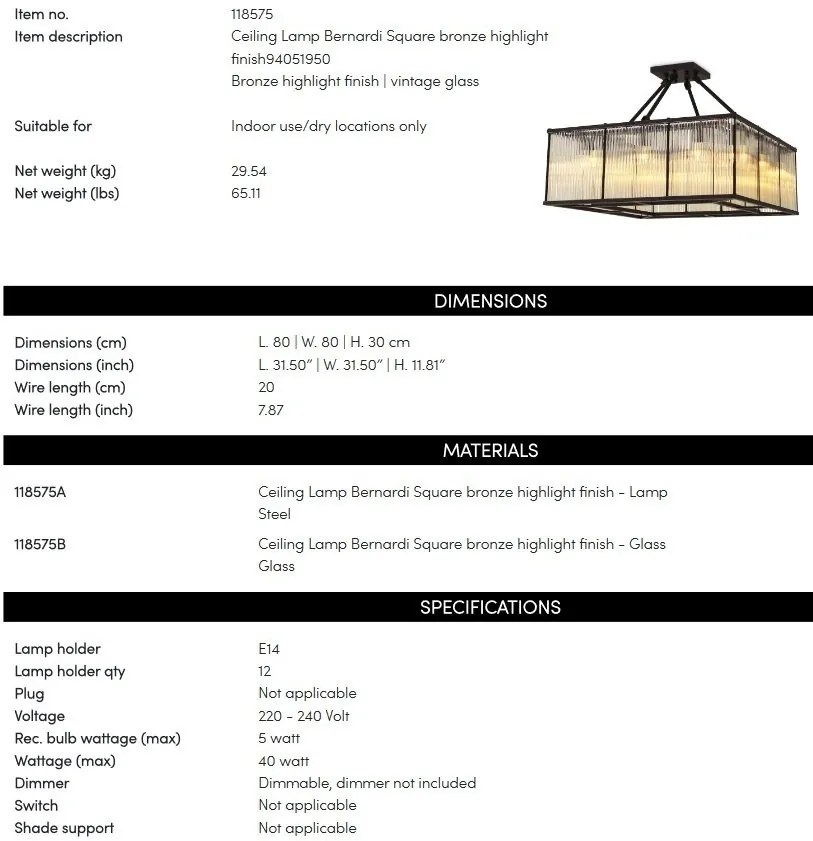 Candelabru square design LUX Bernardi, 80x80cm