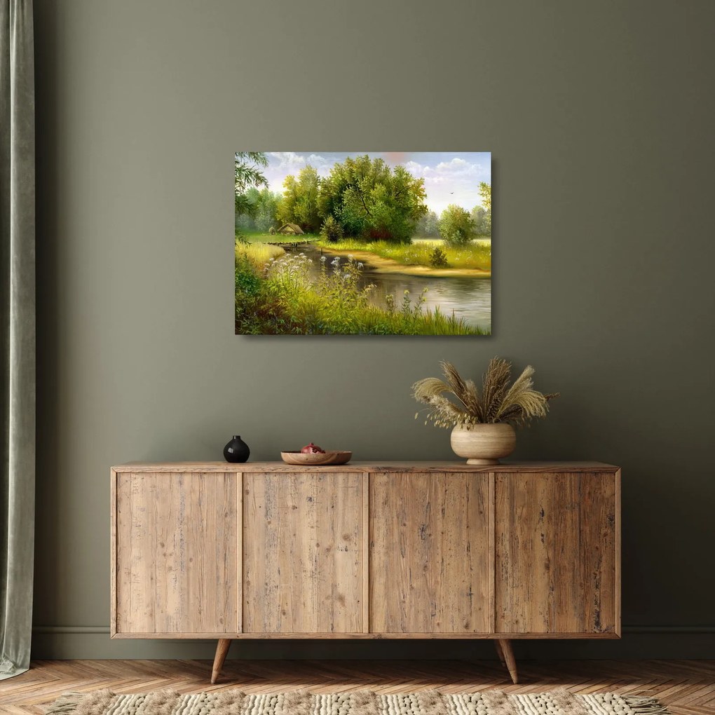 Tablou pe sticlă - Râu lângă pădure, pictură în ulei (70x50 cm)