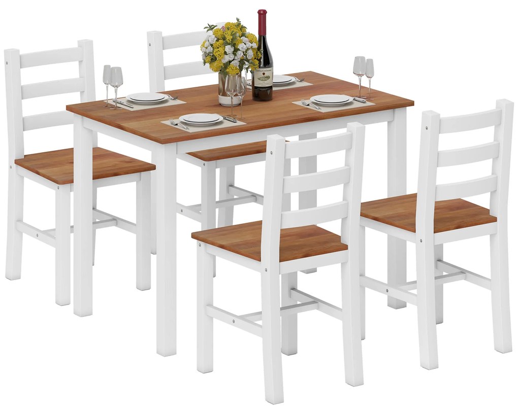 HOMCOM Set de masă, masă de cină, 4 scaune, set de dining, pin, maro + alb | Aosom Romania