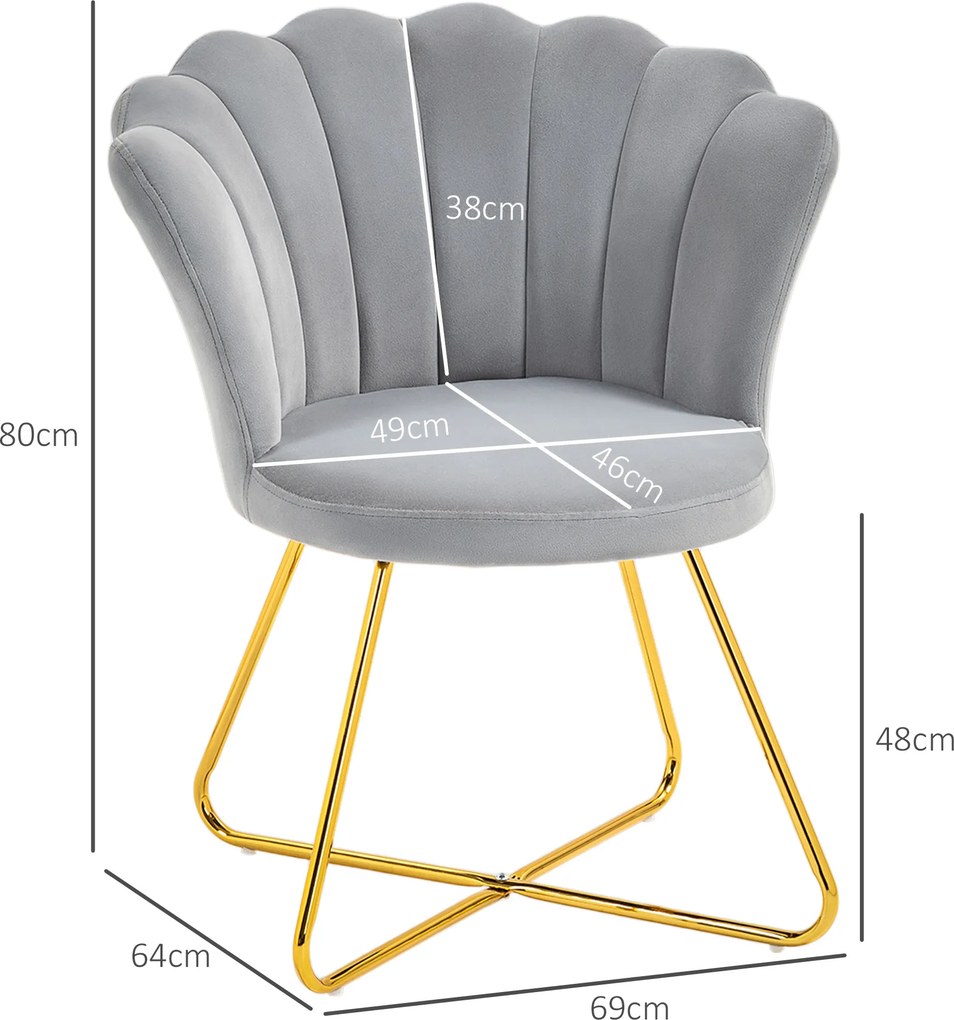 HOMCOM Fotoliu tip scoică scaun pentru toaletă fotoliu din catifea fotoliu pentru living cu picioare din oțel 69 x 64 x 80 cm gri | Aosom Romania