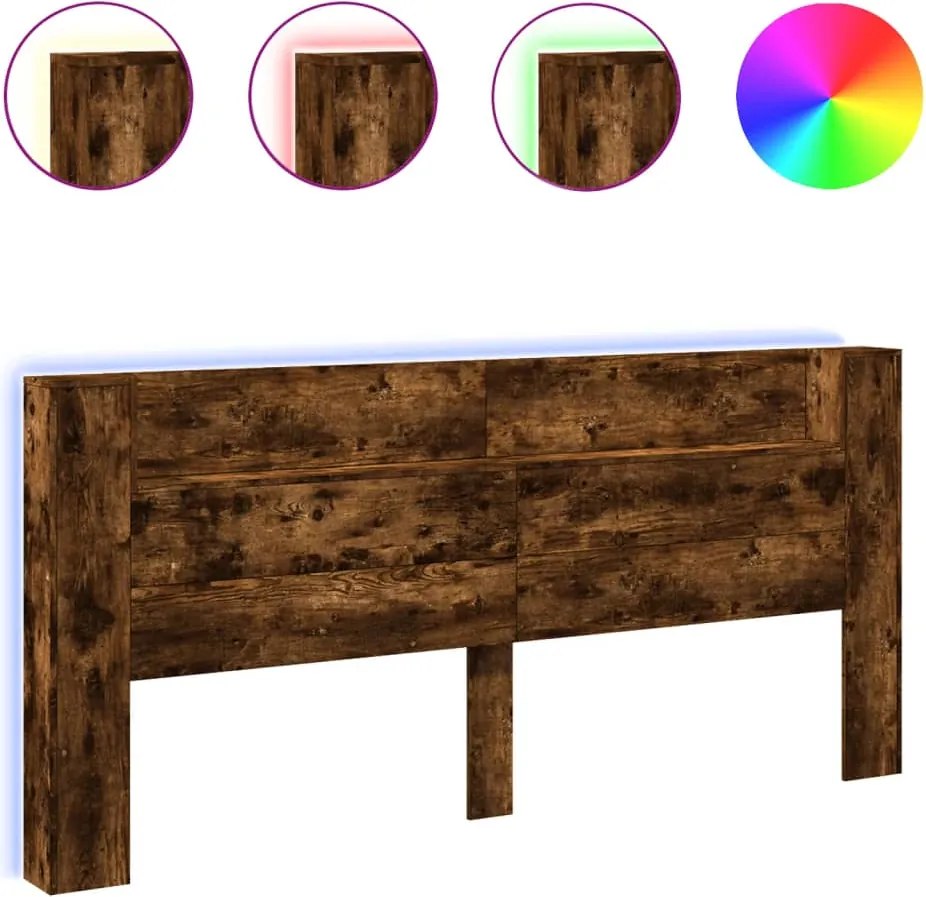 vidaXL Tăblie de pat cu dulap și LED, stejar fumuriu, 220x16,5x103,5cm