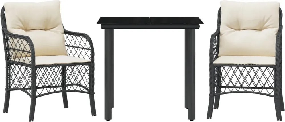vidaXL Set bistro cu perne, 3 piese, negru, poliratan