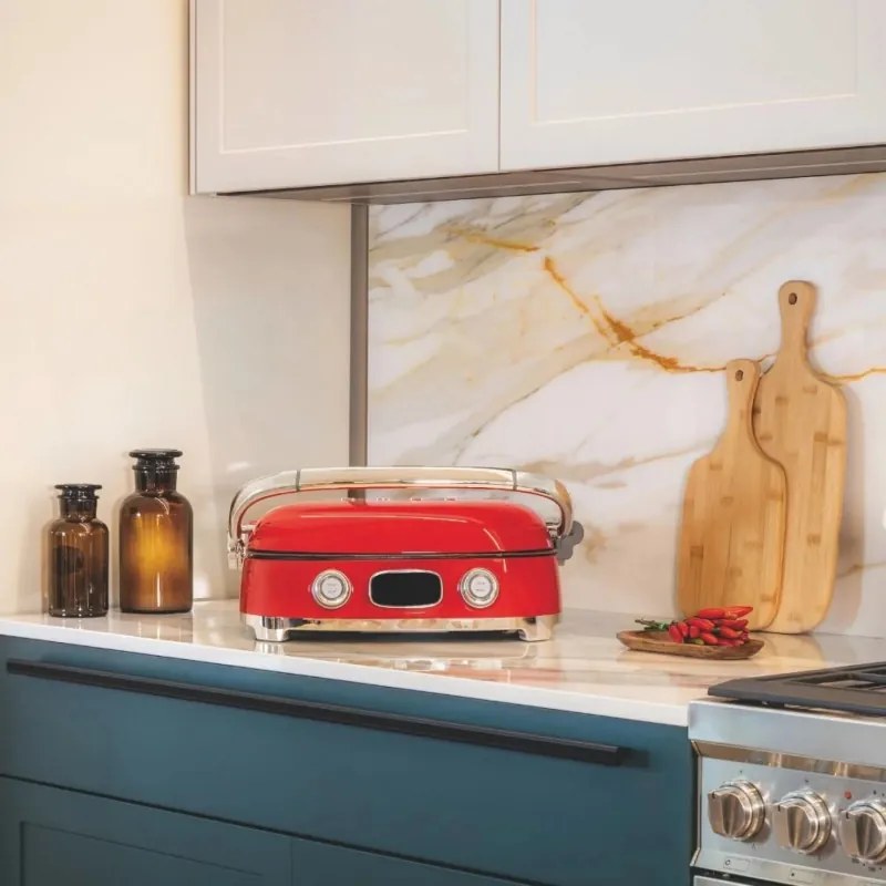 Grătar multifuncțional SMEG 50's Style MGF01RDEU, 2100 W, 60-230 °C, 3 programe, acoperire ceramică, tavă de scurgere, semnal sonor, cronometru, roșu