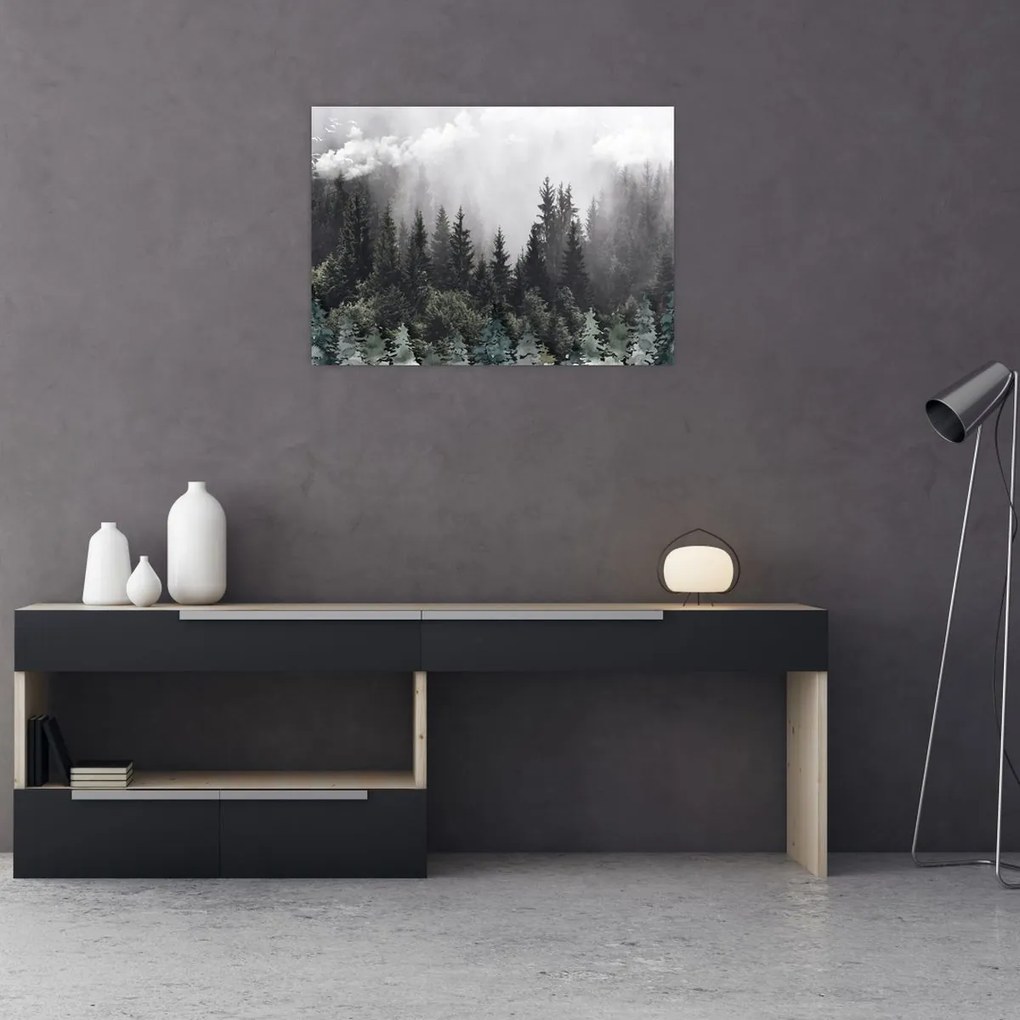 Tablou pe sticlă - Pădure cu elemente ilustrate (70x50 cm)